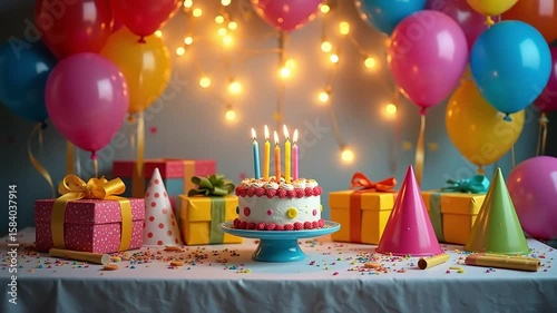Colorful birthday celebration scene featuring cake, presents, balloons, and party hats for a fun occasion