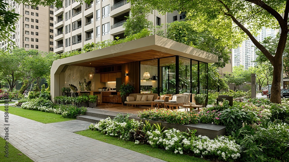 Fototapeta premium Modern outdoor seating area nestled within lush greenery.