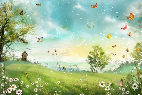 Whimsical Sky with Flying Butterflies and Birds