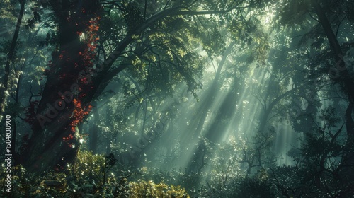 Misty forest of towering red-barked trees with sunbeams piercing through ancient canopy, conveying primordial serenity