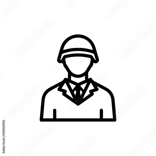 A line drawing of a person wearing a military helmet and suit The figure is faceless and drawn in a simple minimalist style