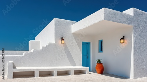 Whitewashed building with blue door and terracotta pot.