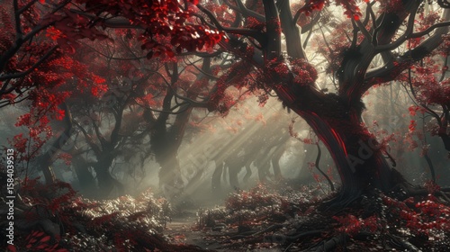 Misty forest of towering red-barked trees with sunbeams piercing through ancient canopy, conveying primordial serenity