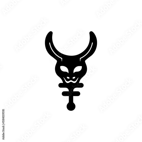 Black silhouette of a horned demonic skull shape above a cruciform symbol
