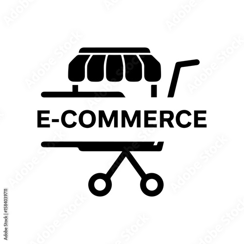ECOMMERCE text with a shopfront and a shopping cart in black on a white background