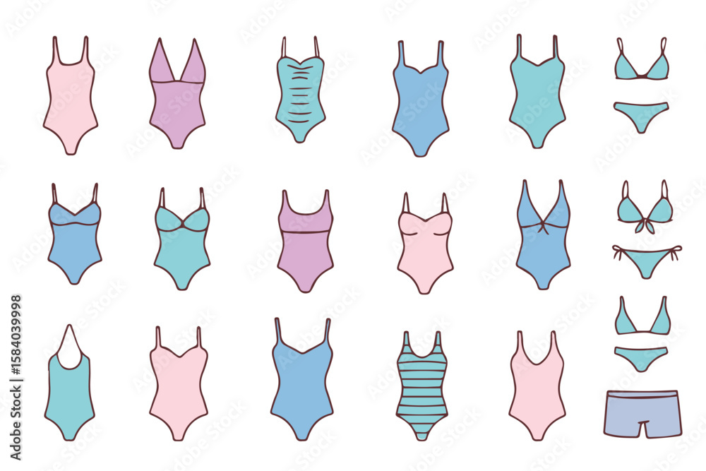 Big Set of colorful women's bikini swimsuits on white background. Doodle style women's clothing icons. Hand drawn fashion vector illustration. Big Set of colorful women's bikini swimsuits on white background. Doodle style women's clothing icons. Hand drawn fashion vector illustration.