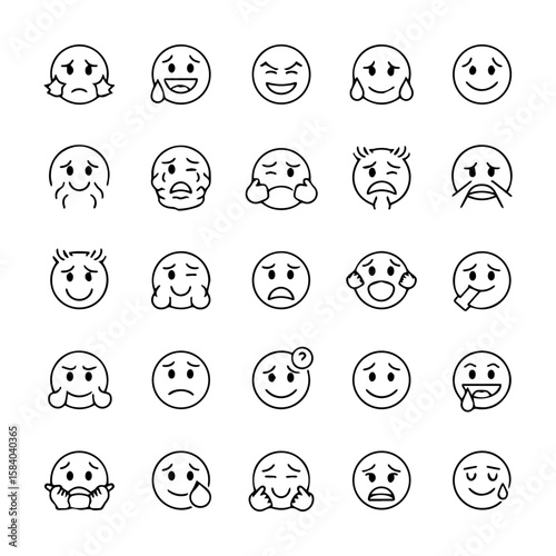 Line drawing with a collection of 25 individual emoticons expressing diverse emotions
