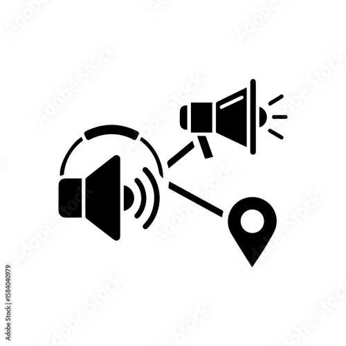 The image shows a speaker with soundwaves connected to a megaphone and location pin