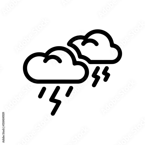 Two storm clouds one with rain and a lightning bolt and the other with two lightning bolts are outlined in bold black lines