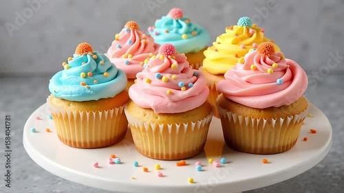 Colorful frosted cupcakes arranged on a white cake stand offer a delicious treat for dessert or celebration, adding sweetness and joy.