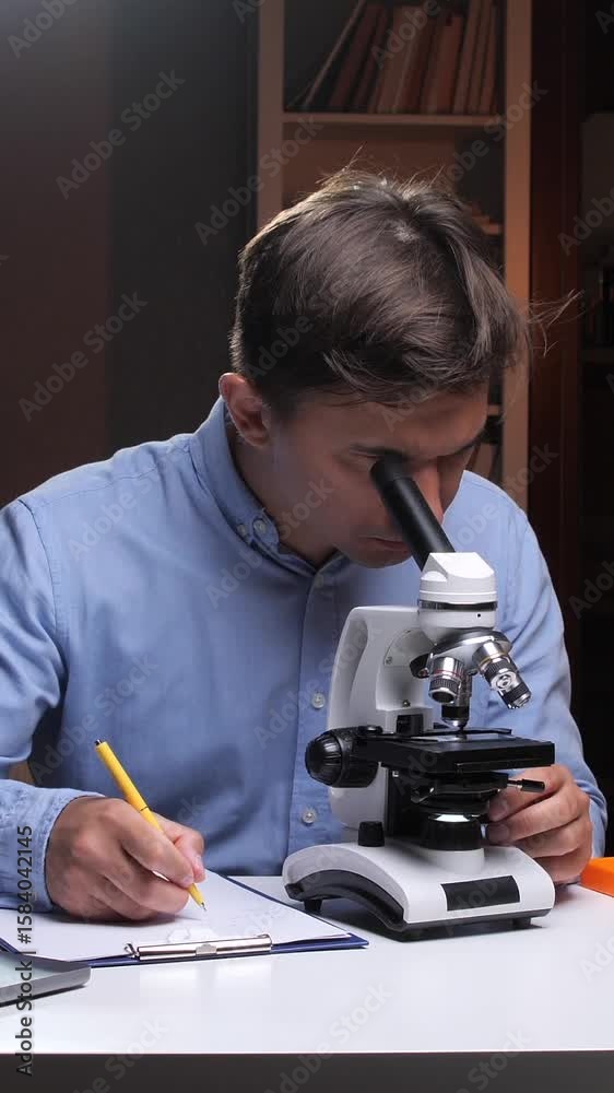 vertical video Scientist analyzing sample using microscope and taking notes in laboratory vertical video Scientist analyzing sample using microscope and taking notes in laboratory
