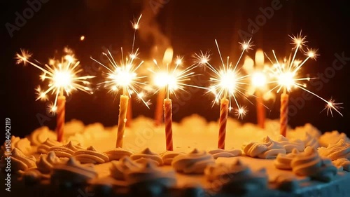 Celebratory birthday cake sparkles with bright, lit candles creating a joyful and festive atmosphere, perfect for parties.
