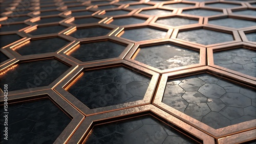 Close up of a honeycomb pattern with copper edges and a dark gray stone fill inside
