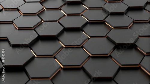 A close up view of a pattern of dark gray hexagons with gold trim and a smooth surface