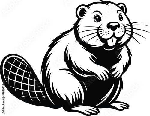 Vector Cartoon Beaver Illustration – Cute Black and White Animal Mascot Art