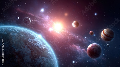 Cosmic scene with multiple planets and a vibrant sun