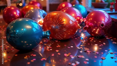 Festive party scene with colorful balloons and confetti scattered on a table for a celebration or event