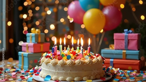 Celebrating a special occasion with a decorated cake, gifts and balloons, creating a festive and joyful atmosphere