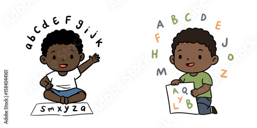 Black boy learning alphabet, simple doodle drawing in flat style