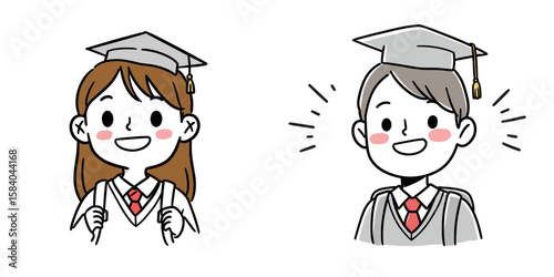 Excited students in graduation caps, simple doodle drawing in flat style