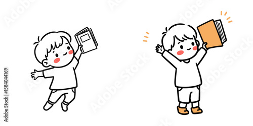 Child with book, simple doodle drawing in flat style