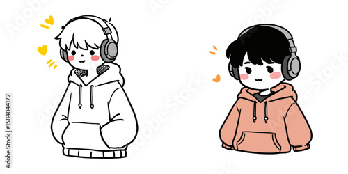 Teenager wearing hoodie and headphones, simple doodle drawing in flat style