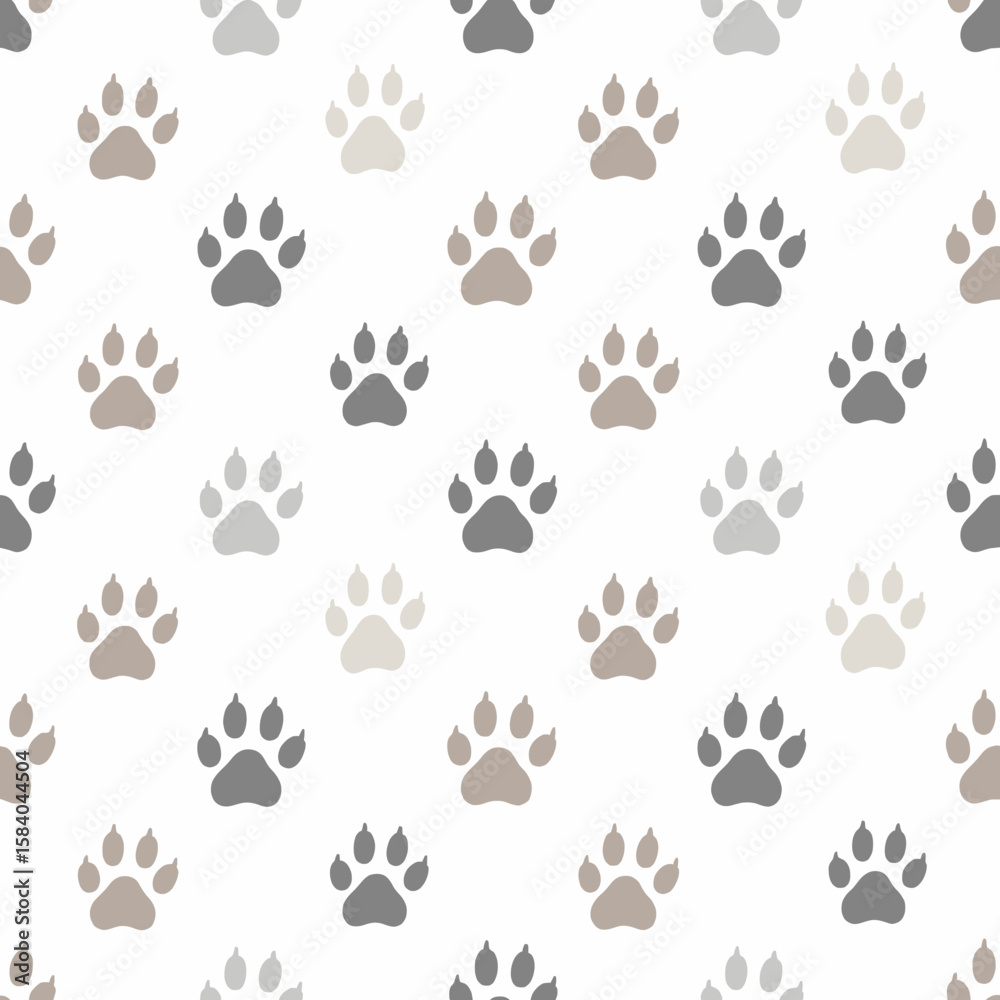 Fototapeta premium Minimalist Seamless Pattern of Animal Paw Prints in Neutral Tones – Pet Footprint Vector on White Background