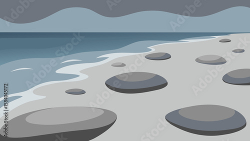 Cartoon Beach Covered in Smooth Tide Polished Gray Stones Vector