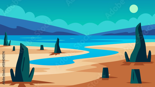 Cartoon Beach at Low Tide Revealing Ghost Forest of Trees Vector