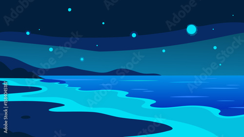 Cartoon Beach Bioluminescent Plankton Cause Water to Glow Vector