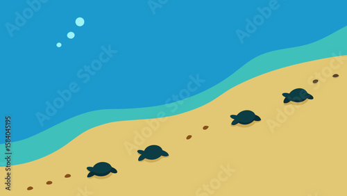 Cartoon Beach Where Sea Turtles Just Hatched Leaving Tracks Vector