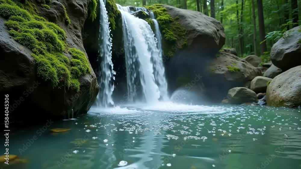 Serene cascade showcases flowing water amidst verdant mossy rocks in lush woodland, exemplifying nature's beauty and tranquility.