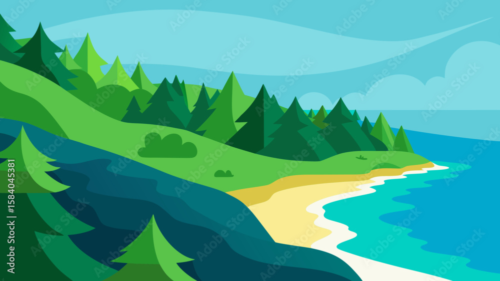 Cartoon Coastline Lush Green Forest Meets the Sea Vector Illustration Cartoon Coastline Lush Green Forest Meets the Sea Vector Illustration
