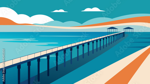 Cartoon Coastal Scene Long Elegant Pier Stretching Out Vector