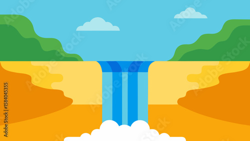 Cartoon Coastal Scene Waterfall Plunges Directly into Ocean Vector