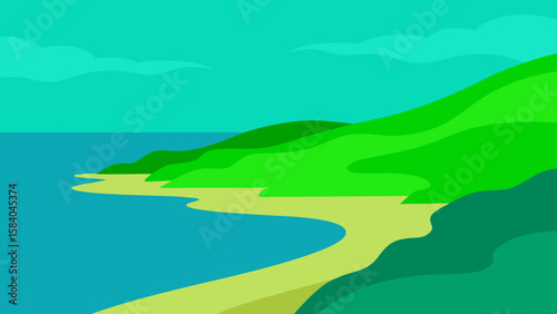 Cartoon Coastline Where Ocean is Unusually Bright Blue Vector Scene