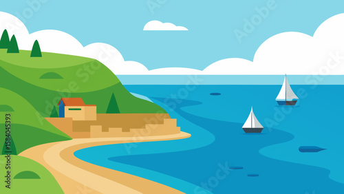Cartoon Coastline with Natural Harbor Sheltered from Waves Vector