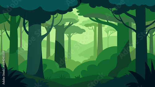 Vector Cartoon Dense Primeval Forest High Canopy Blocks Light Scene