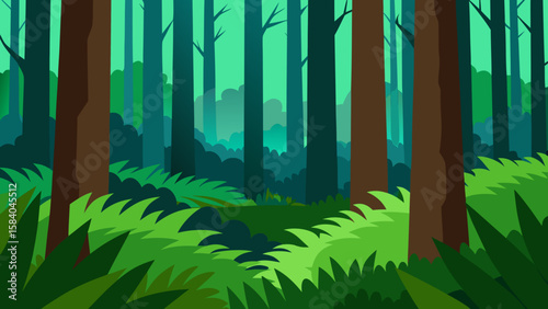 Cartoon Dense Forest Ground Covered Thick Moss Vector Illustration Scene