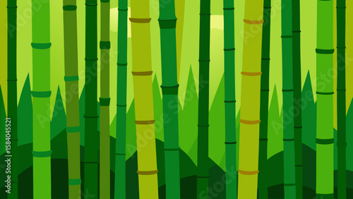 Cartoon Dense Thicket of Bamboo Tall Green Stalks Vector Illustration
