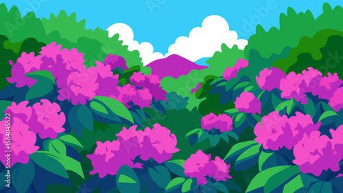 Vibrant Cartoon Rhododendron Thicket in Full Color Vector Illustration