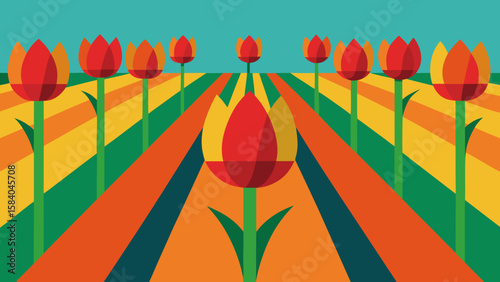 Vibrant Field of Dutch Tulips Planted in Precise Colorful Rows