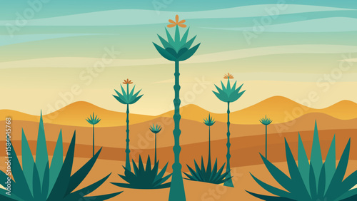 Arid Field of Tall Flowering Agave Plants in the Desert Landscape