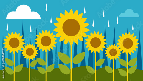 Golden Field of Tall Sunflowers Their Heads Drooping at Sunset
