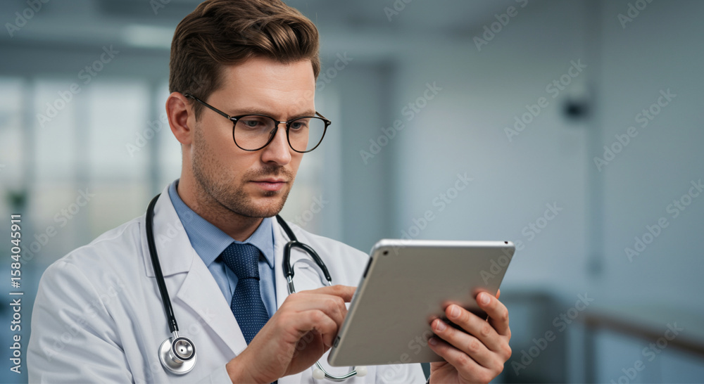 Young medical practitioner man in trendy glasses and stethoscope browsing patients records on tablet pc. Young medical practitioner man in trendy glasses and stethoscope browsing patients records on tablet pc.