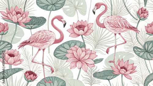 Vector Illustration Seamless Pattern Pink Flamingo, Lotus, White, Pink, Lotus Leaf, Fabric or Wallpaper Pattern.