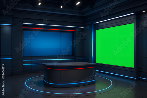 3D virtual news studio with green screen and digital display – modern broadcast room design


