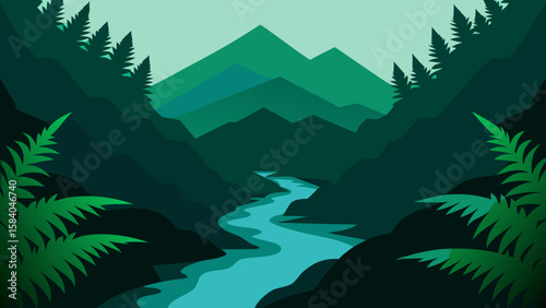 Mountain Stream Almost Hidden Under Thick Vegetation