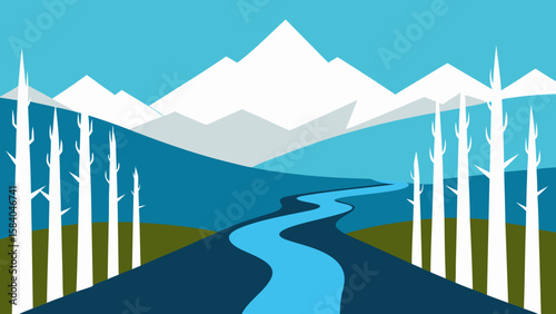 Mountain Stream Flowing Through Grove of White Trees