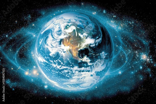 Earth, vibrant blue, surrounded by swirling cosmic rings and stars